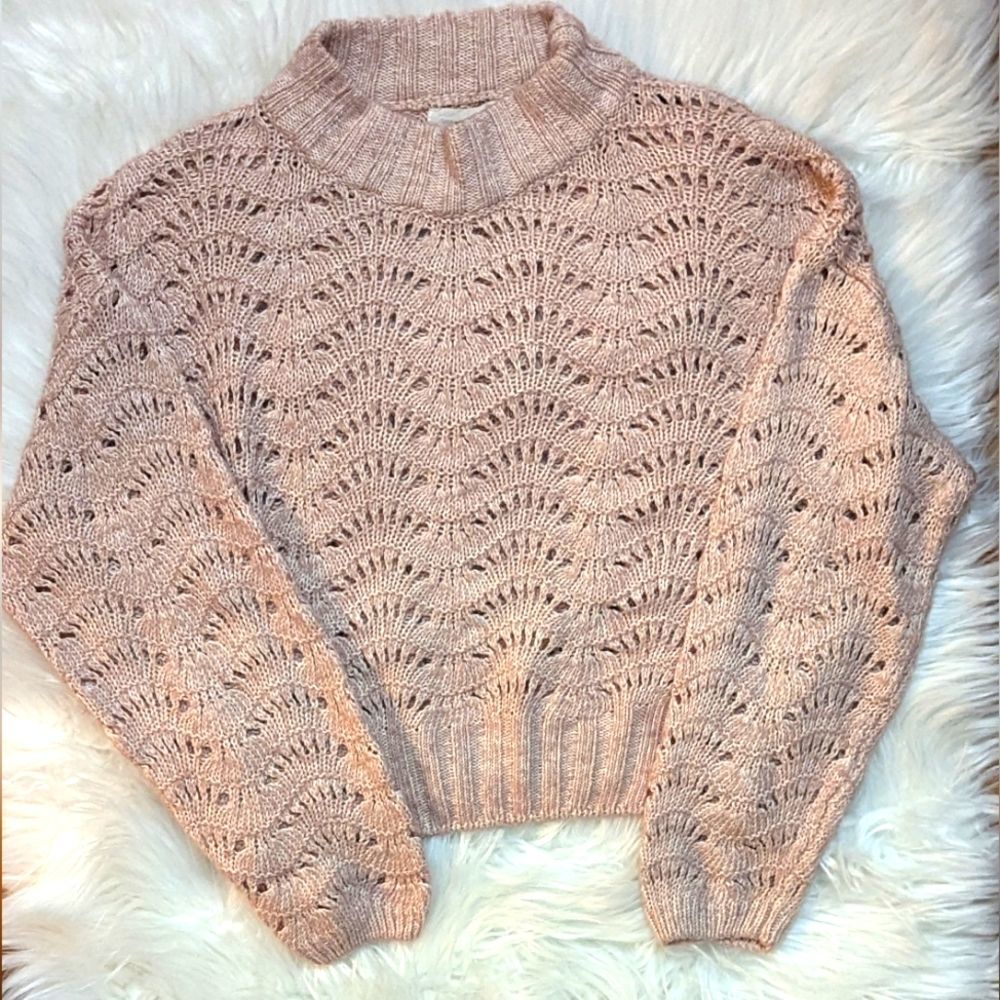 EUC Urban Outfitters pink cropped open knit mock neck ribbed knit collar cuffs